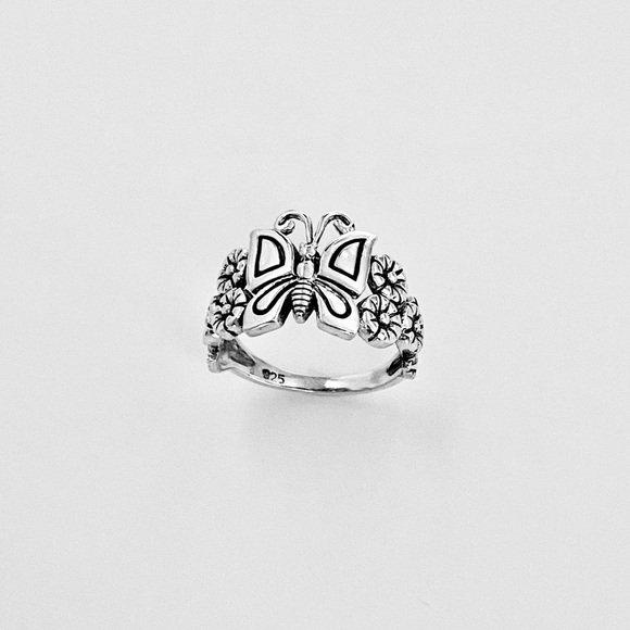 Sterling Silver Statement Butterfly and Plumeria Ring, Flower Rings, Bug Jewelry - Picture 2 of 13